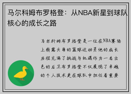 马尔科姆布罗格登：从NBA新星到球队核心的成长之路